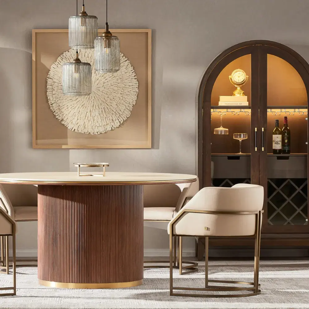 San Pierre Walnut Veneer Round Dining Table - Single Leg -  Travertine Finish Sintered Stone Top 120cm