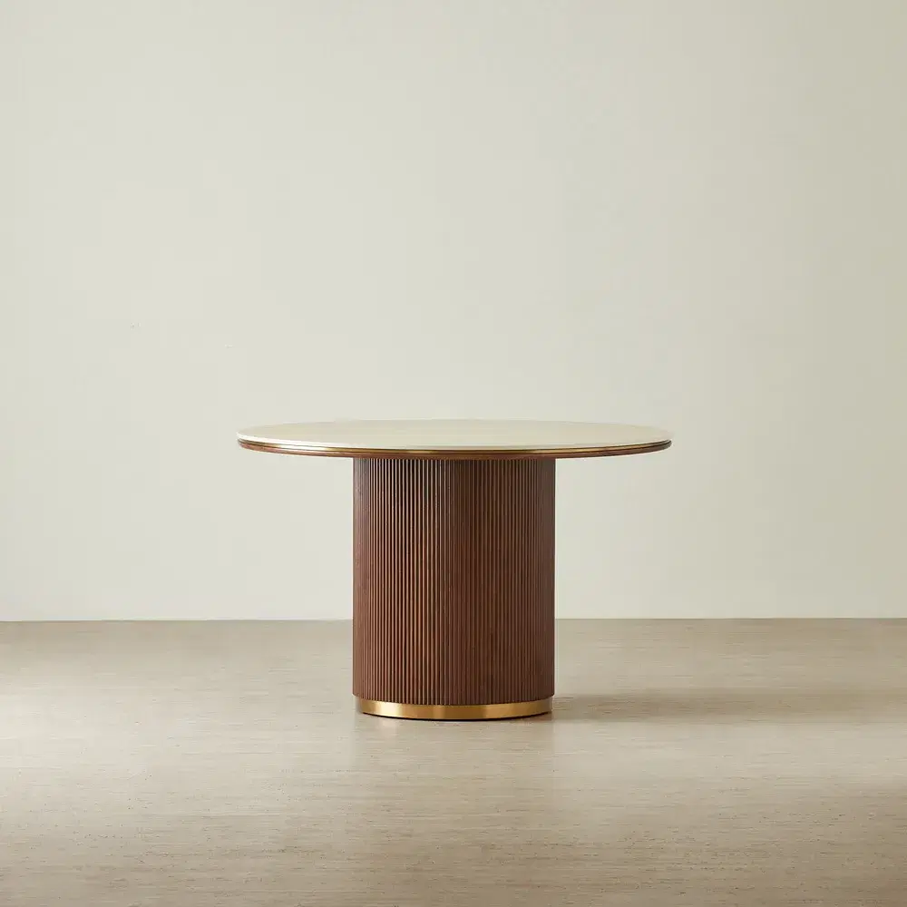 San Pierre Walnut Veneer Round Dining Table - Single Leg -  Travertine Finish Sintered Stone Top 120cm
