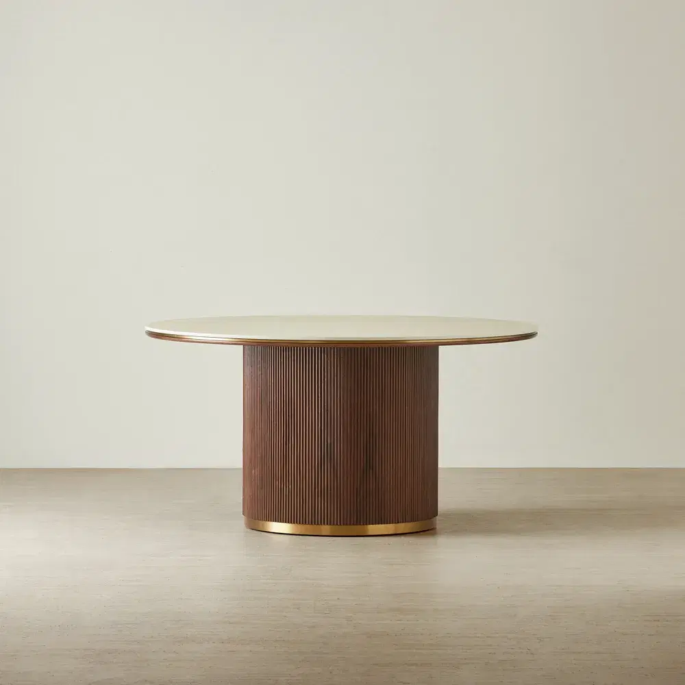 San Pierre Walnut Veneer Round Dining Table - Single Leg -  Travertine Finish Sintered Stone Top 150cm