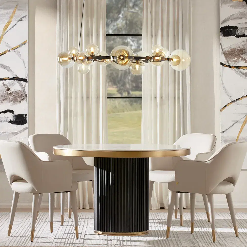 Archie Statuario White Sintered Stone Round Dining Table - Matte Black Leg 120cm