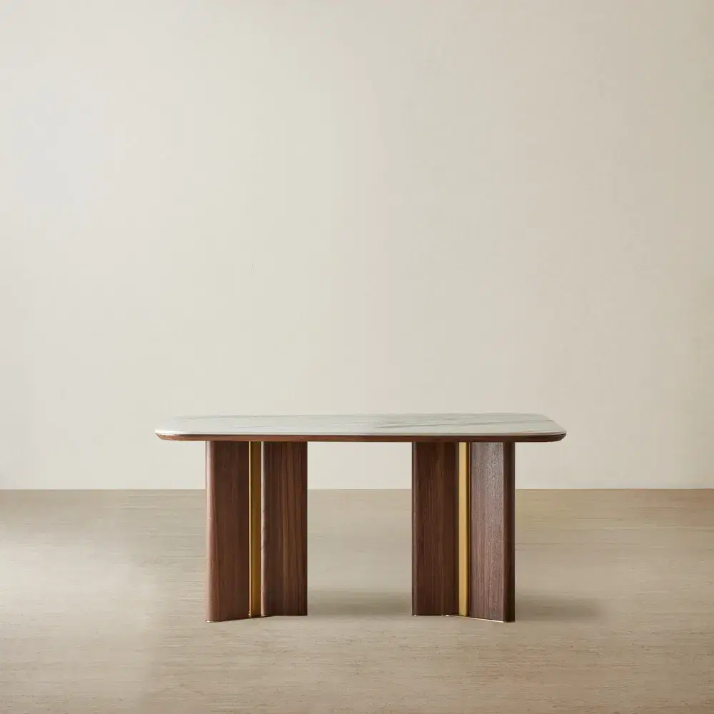 Sir Lionell II Gliding White Sintered Stone Rectangular Dining Table - Walnut Brown Wooden Legs 160x90cm