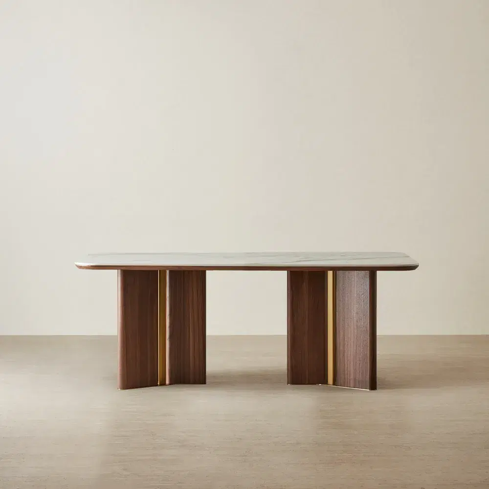Sir Lionell II Gliding White Sintered Stone Rectangular Dining Table - Walnut Brown Wooden Legs 200x120cm