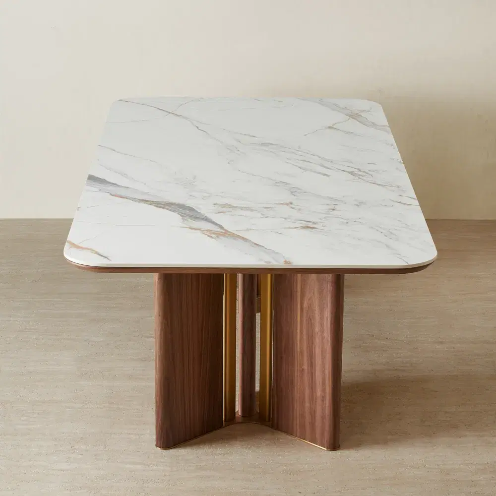Sir Lionell II Gliding White Sintered Stone Rectangular Dining Table - Walnut Brown Wooden Legs 200x120cm