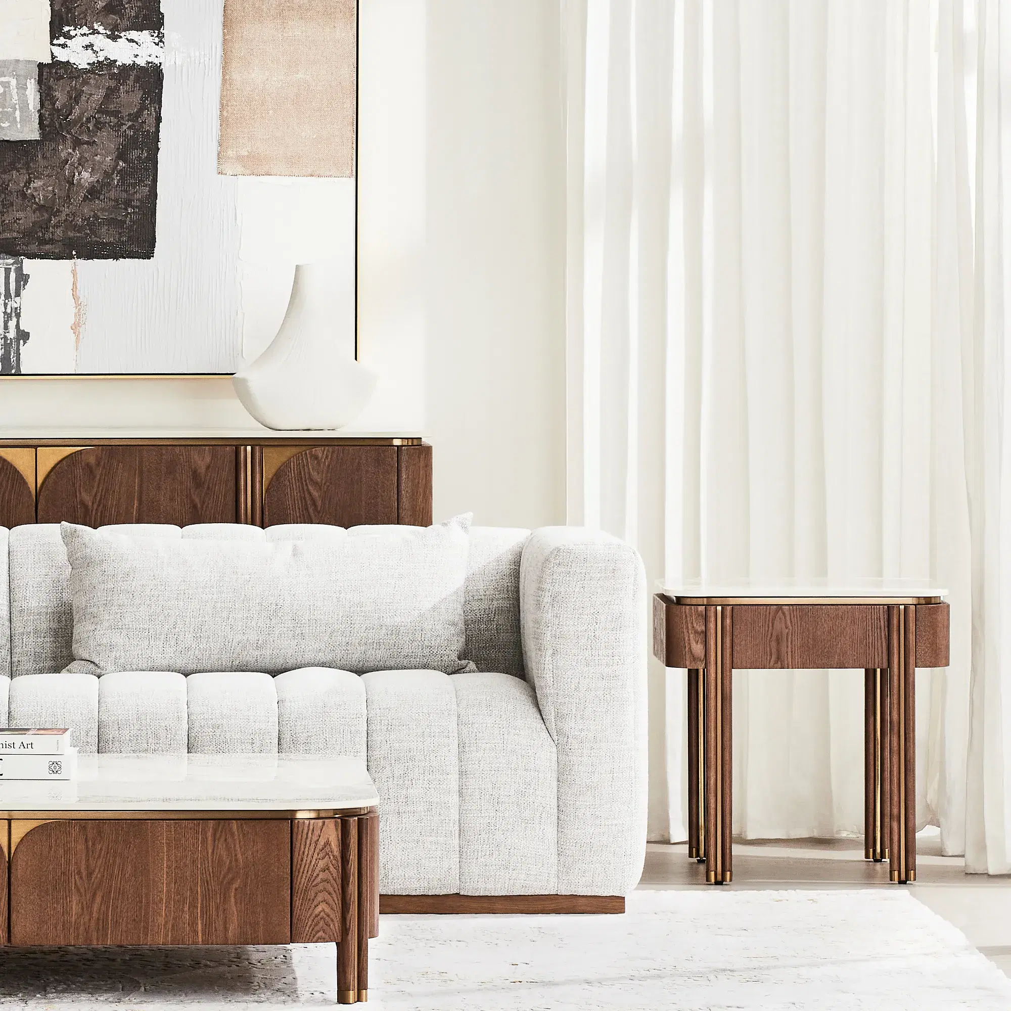 Portobello II Toffee Brown Ash Veneer Side Table - Pandora Brown Sintered Stone Top