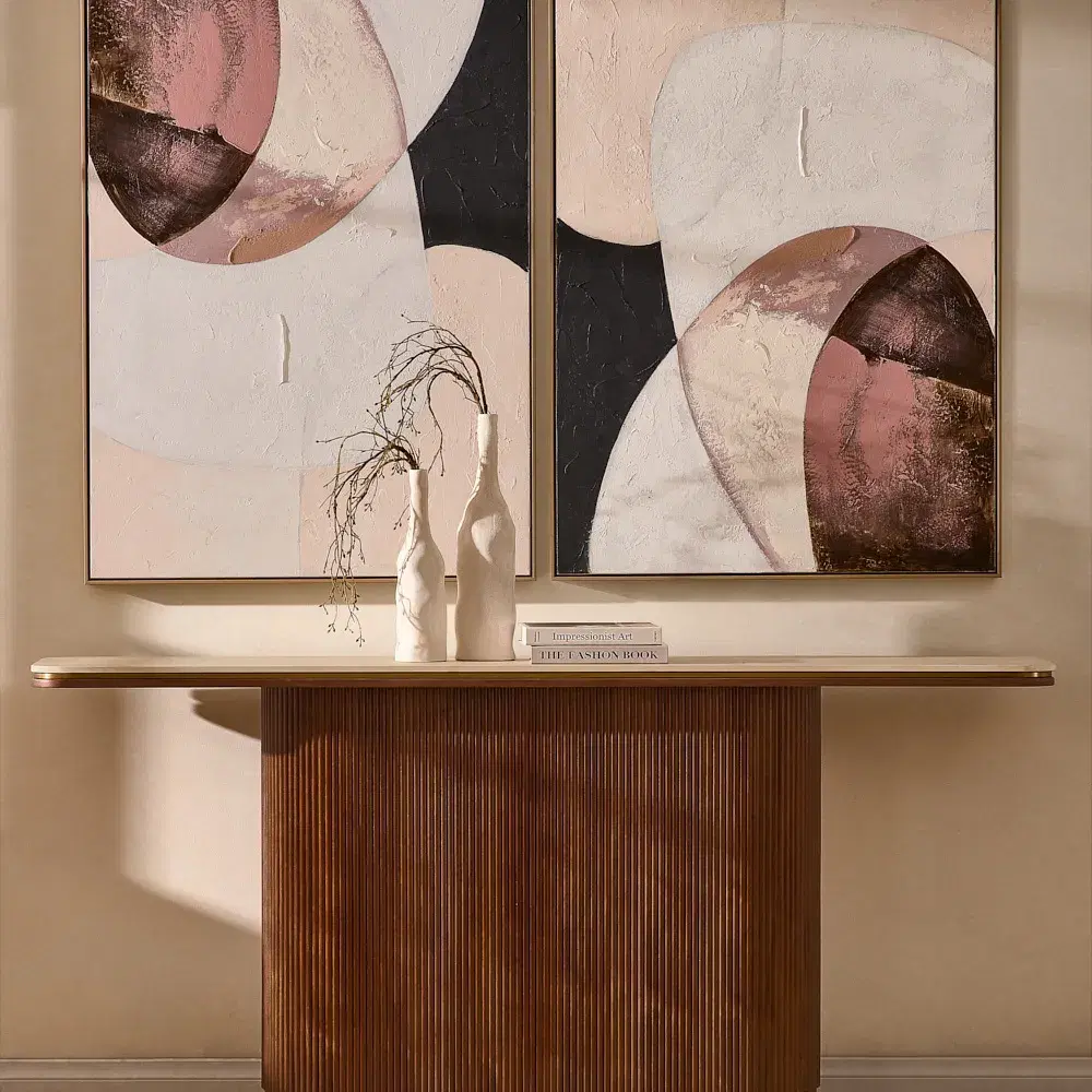 San Pierre Walnut Veneer Console Table - Single Leg - Travertine Finish Sintered Stone Top