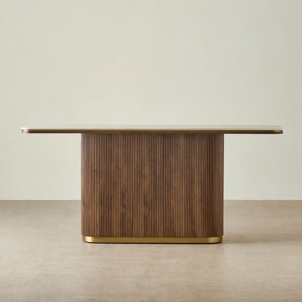 San Pierre Walnut Veneer Console Table - Single Leg - Travertine Finish Sintered Stone Top