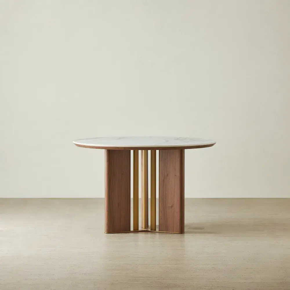 Sir Lionell II Gliding White Sintered Stone Round Dining Table - Walnut Brown Wooden Legs 120cm