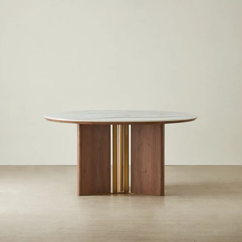 Sir Lionell II Gliding White Sintered Stone Round Dining Table - Walnut Brown Wooden Legs 150cm