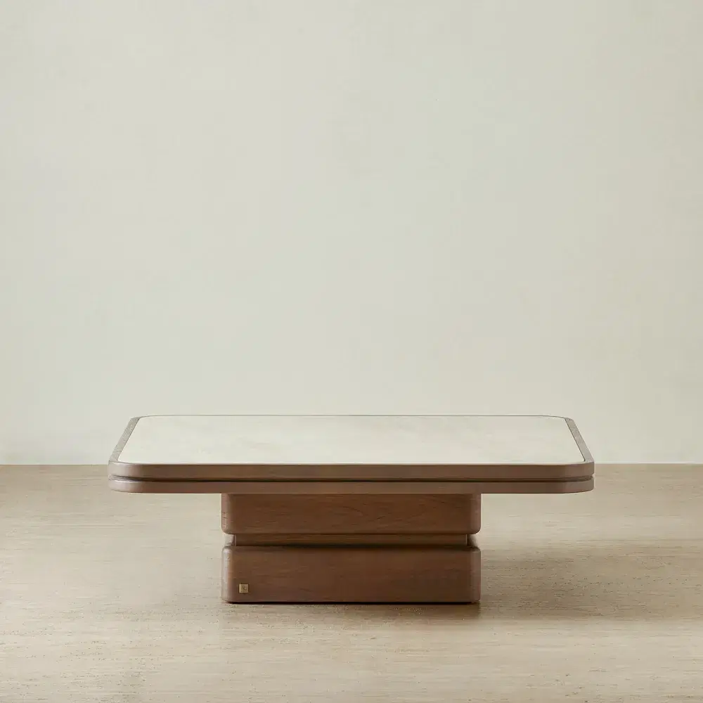 Whimsy Walnut Brown Wooden Coffee Table - Taj Mahal Sintered Stone Top