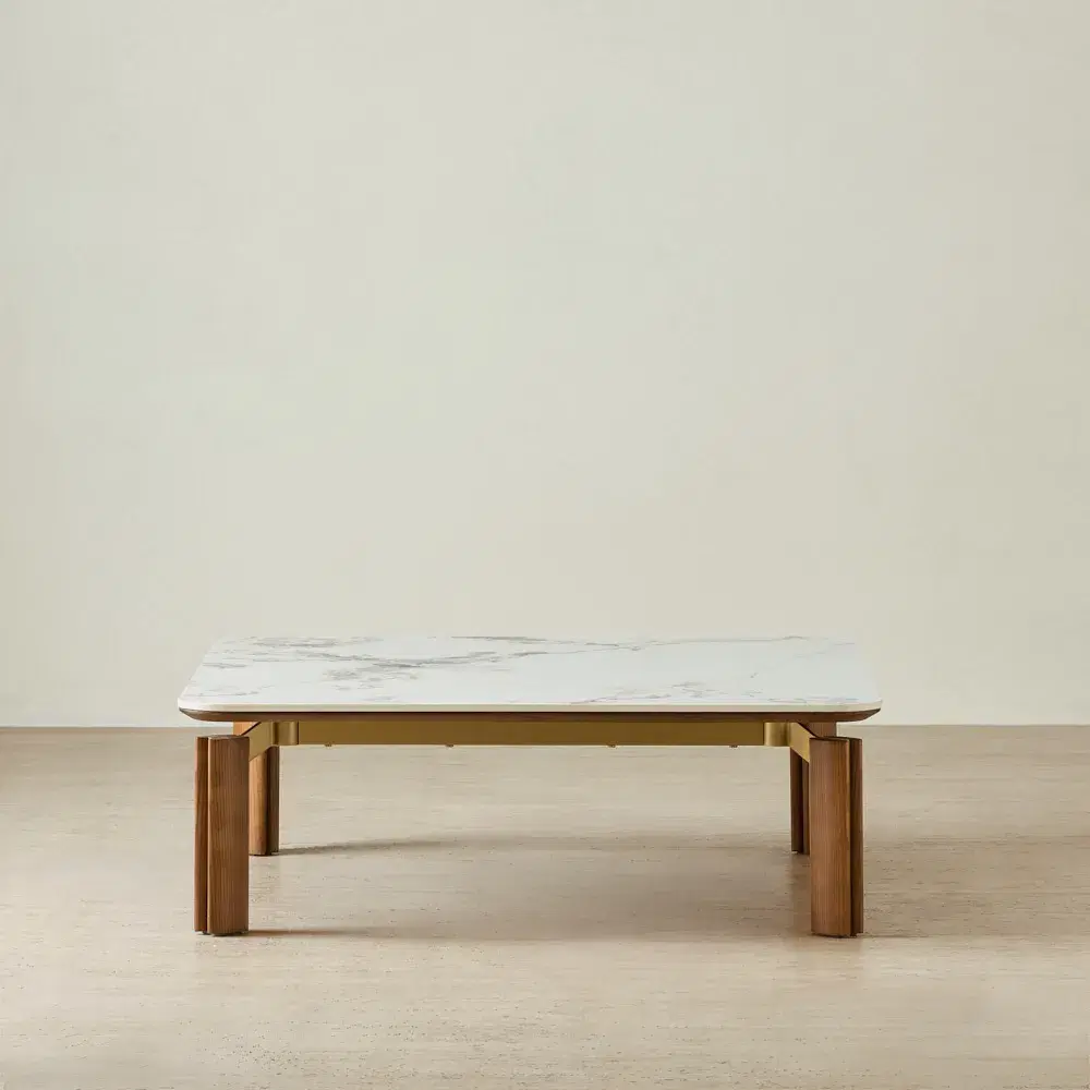 Portobello Toffee Brown Ash Veneer 37cm Square Coffee Table - Pandora Brown Sintered Stone Top