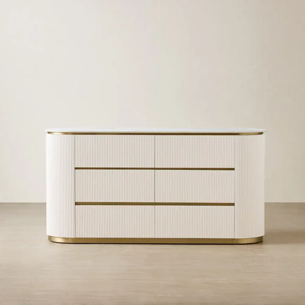 Archie White Sintered Stone 6-Drawer Dresser - White Ribbing