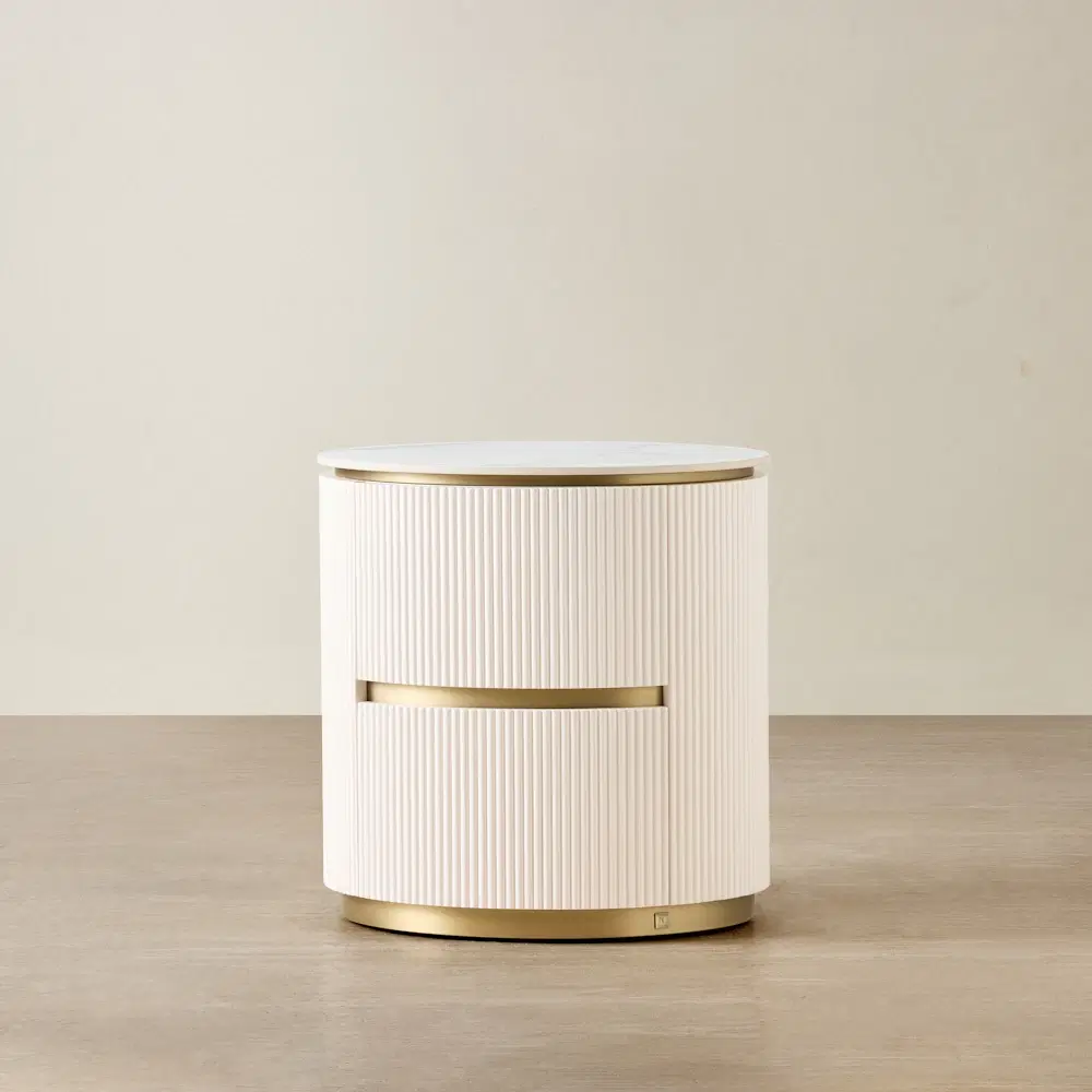Archie White Sintered Stone Oval Bedside Table - White Ribbing
