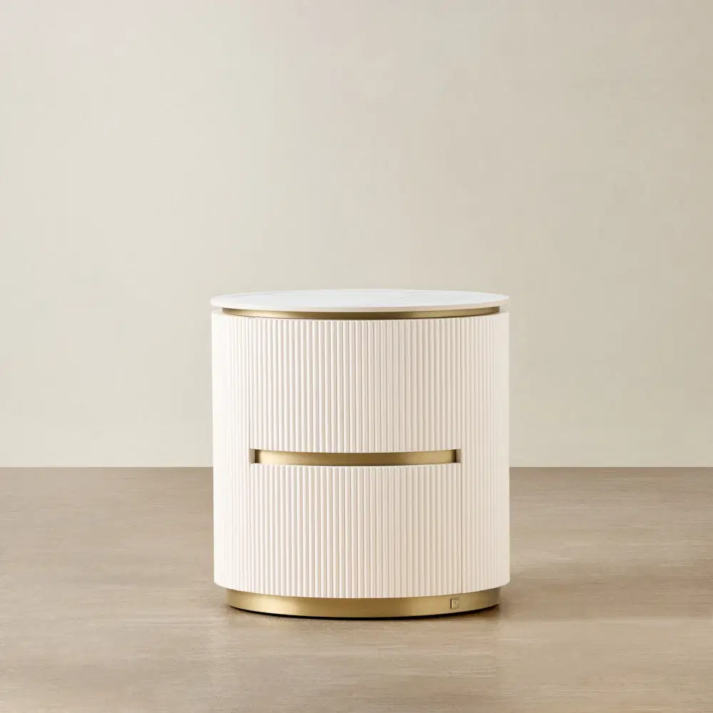 Archie White Sintered Stone Oval Bedside Table - White Ribbing