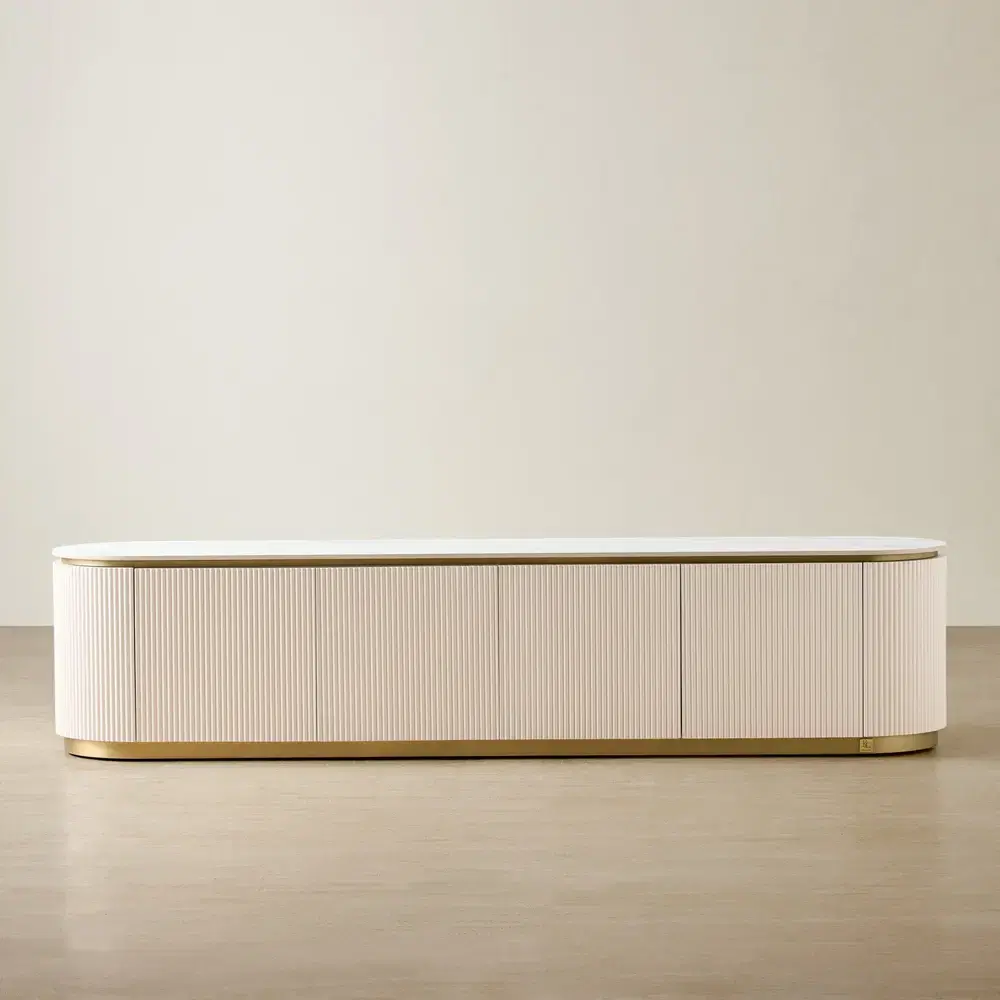 Archie White Sintered Stone Entertainment Unit - White Ribbing