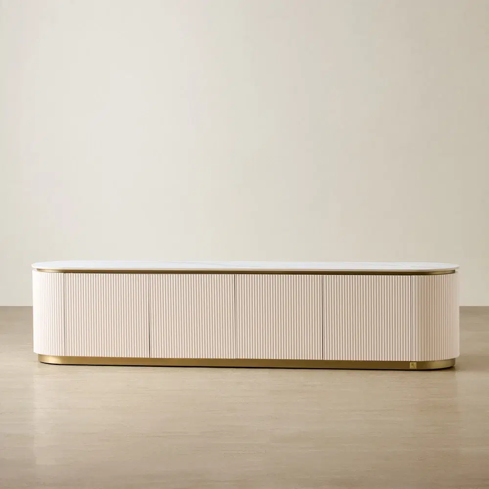 Archie White Sintered Stone Entertainment Unit - White Ribbing