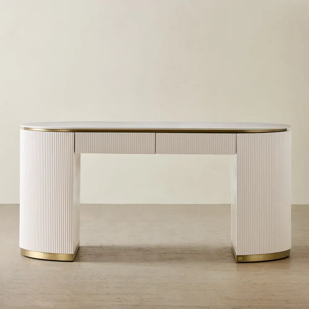 Archie White Sintered Stone Study Desk - White Ribbing