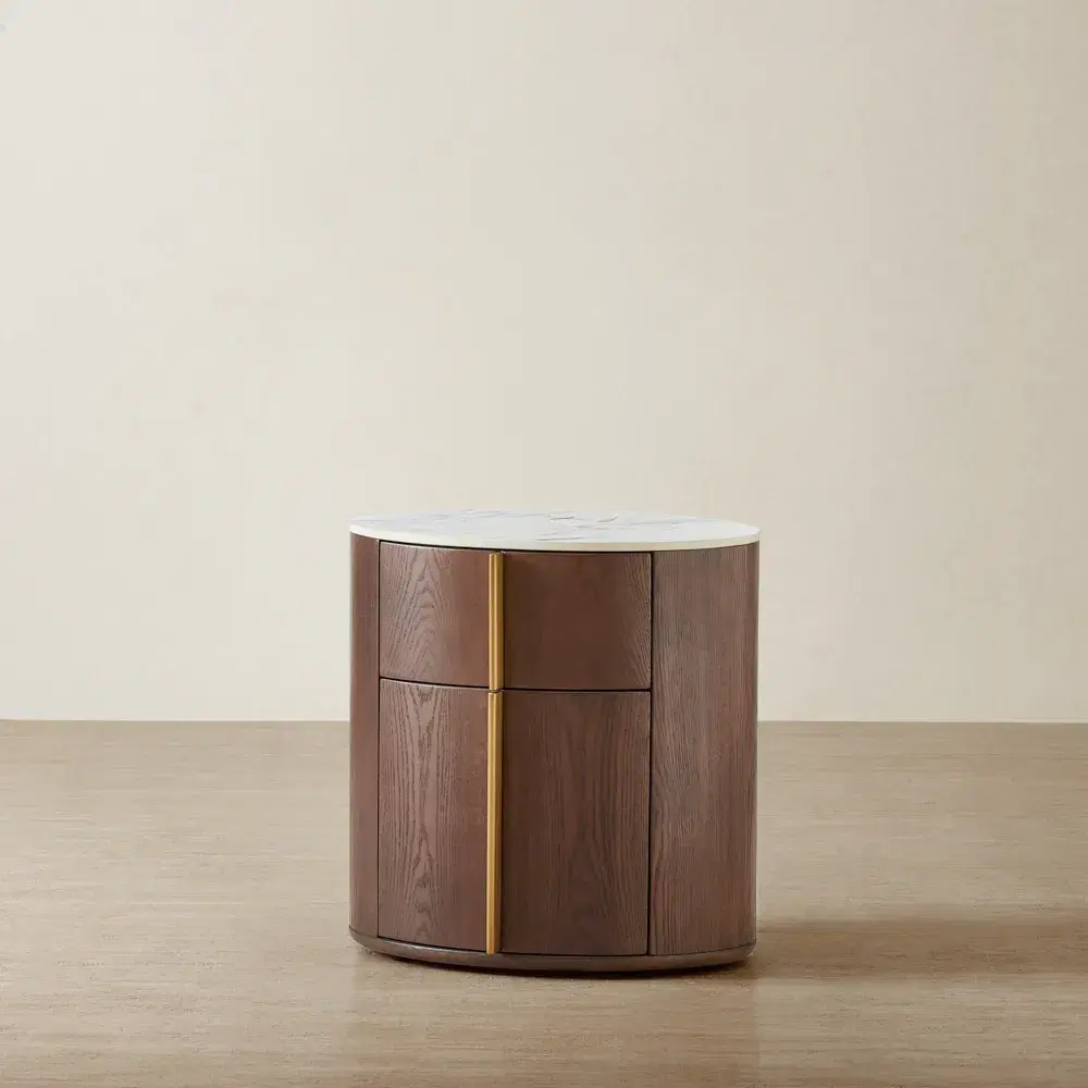 Sir Lionell Gliding White Sintered Stone Bedside Table - Walnut Brown Wooden Leg	