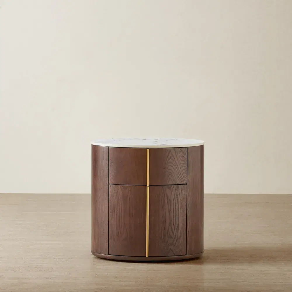 Sir Lionell Gliding White Sintered Stone Bedside Table - Walnut Brown Wooden Leg	