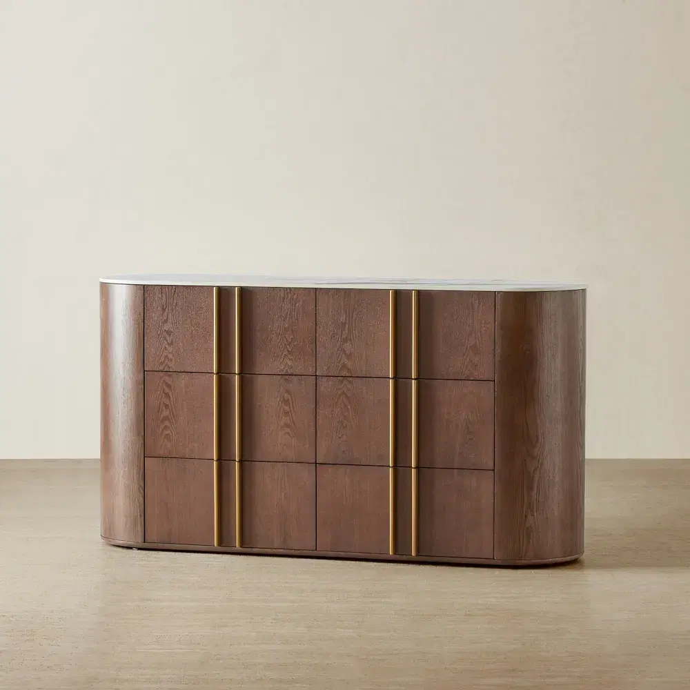 Sir Lionell Gliding White Sintered Stone Dresser - Walnut Brown Wooden Leg