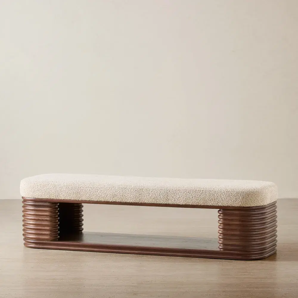 Ophelia Mid Beige Fabric Ottoman - Smoky Walnut