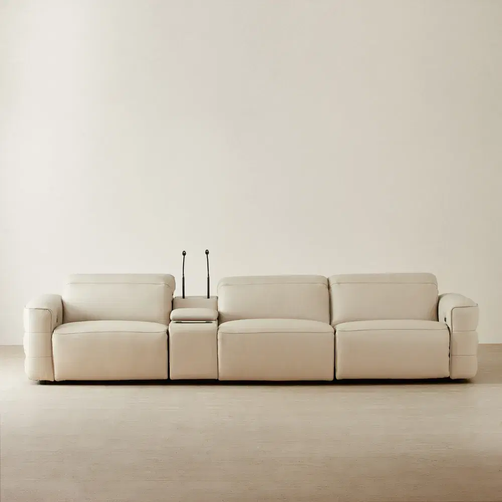 Amelie Almond Cream Leather 3 Pieces Modular Dual Electric Recliner With Rectangle Console