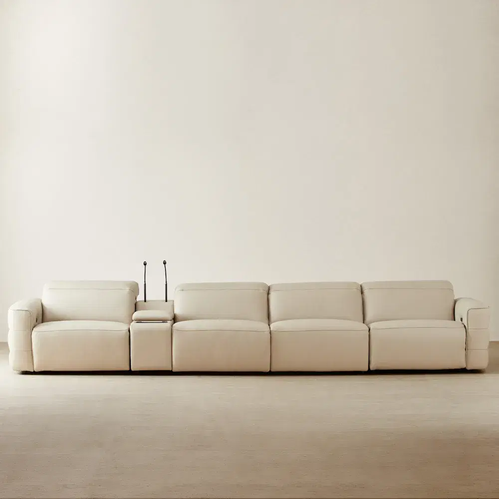 Amelie Almond Cream Leather 4 Pieces Modular Dual Electric Recliner With Rectangle Console