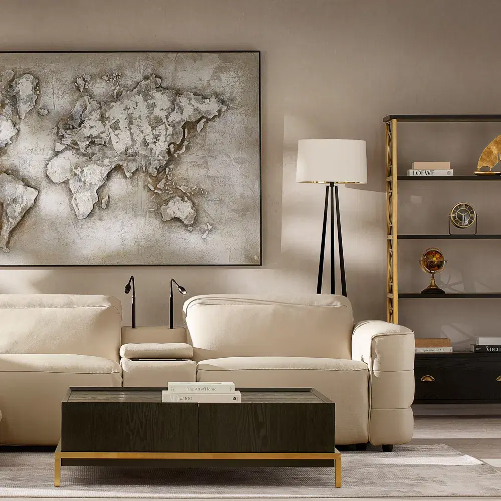 Amelie Almond Cream Leather Modular Dual Electric Recliner With Dual Rectangle Consoles