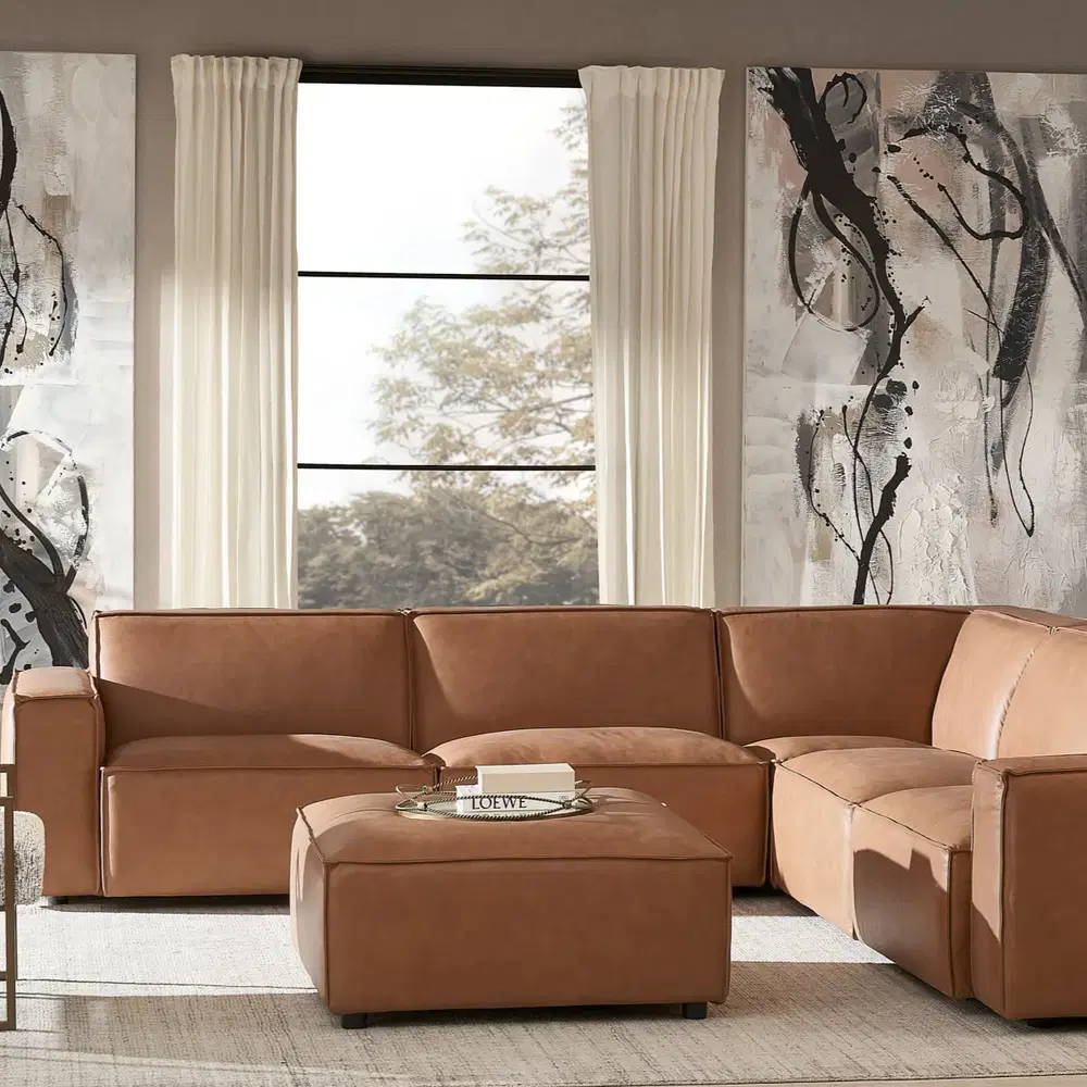 Lainey Medium Tan Modular Leather Sofa with Ottoman