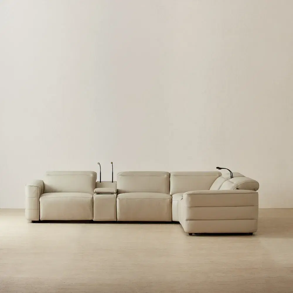 Amelie Almond Cream Leather Modular Dual Electric Recliner - Corner With Dual Rectangle Consoles