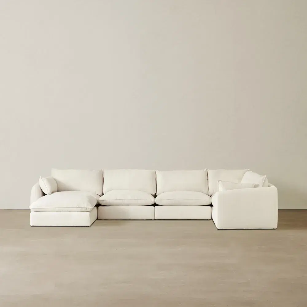 Macie Lite Chiffon White Fabric Modular Corner Sofa with Ottoman