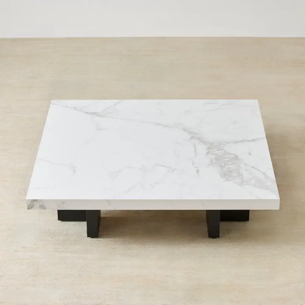 Grayson Statuario White Sintered Stone 26cm Low Coffee Table - Matte Black Legs
