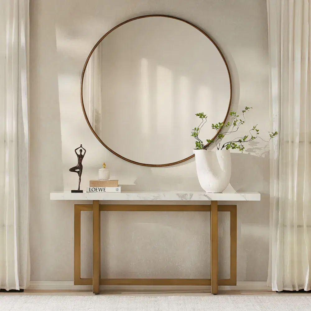 Grayson Statuario White Sintered Stone Console Table - Brushed Bronze Legs