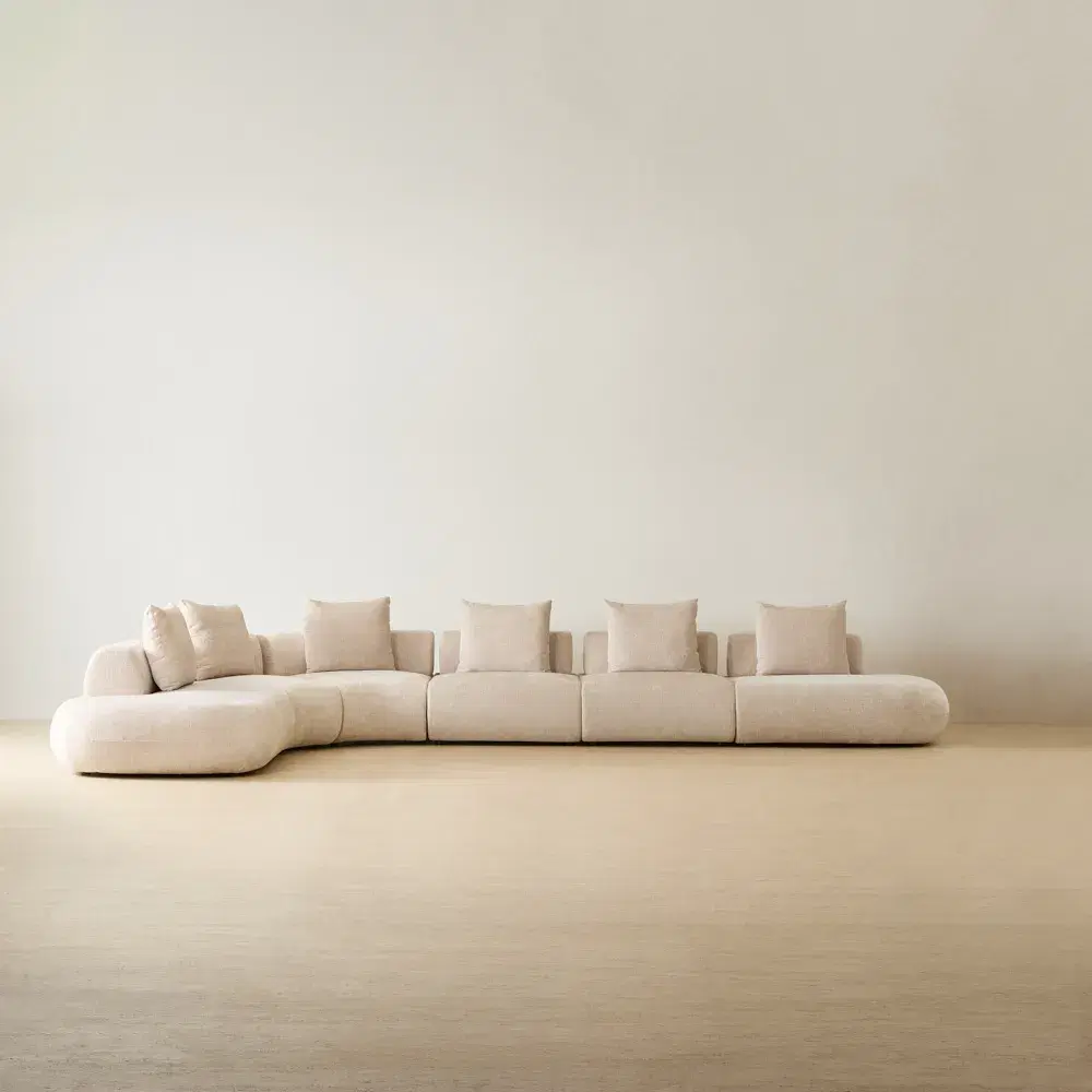 Soluna Powder White Chenille Fabric 6 Pieces Modular Corner Sofa with Left and Right Terminal