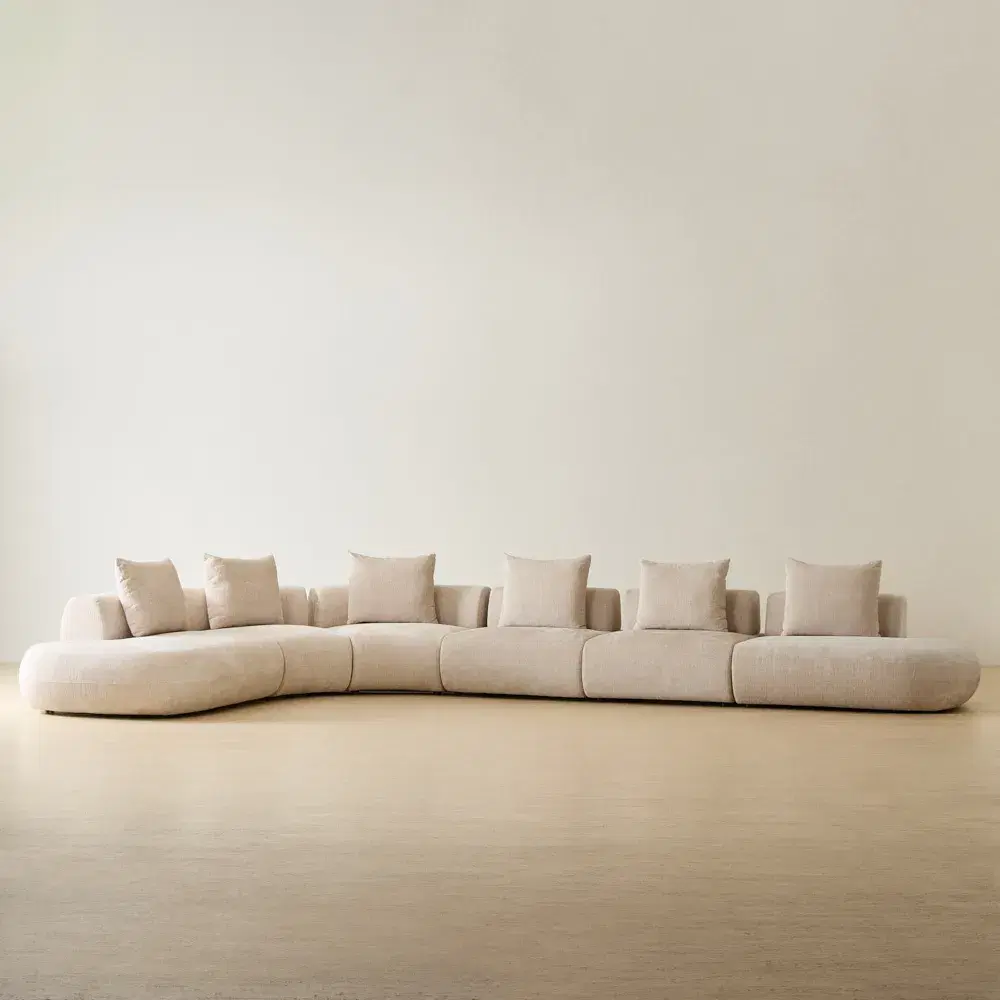 Soluna Powder White Chenille Fabric 6 Pieces Modular Corner Sofa with Left and Right Terminal