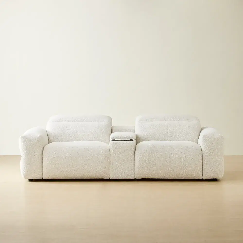 Mathias Stone White Fabric 2 Pieces Modular Dual Electric Recliner with Console