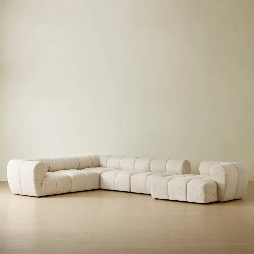 Quincy Stone Cream Woven Fabric 6 Pieces Modular Corner Sofa with Left Arm and Right Cuddler