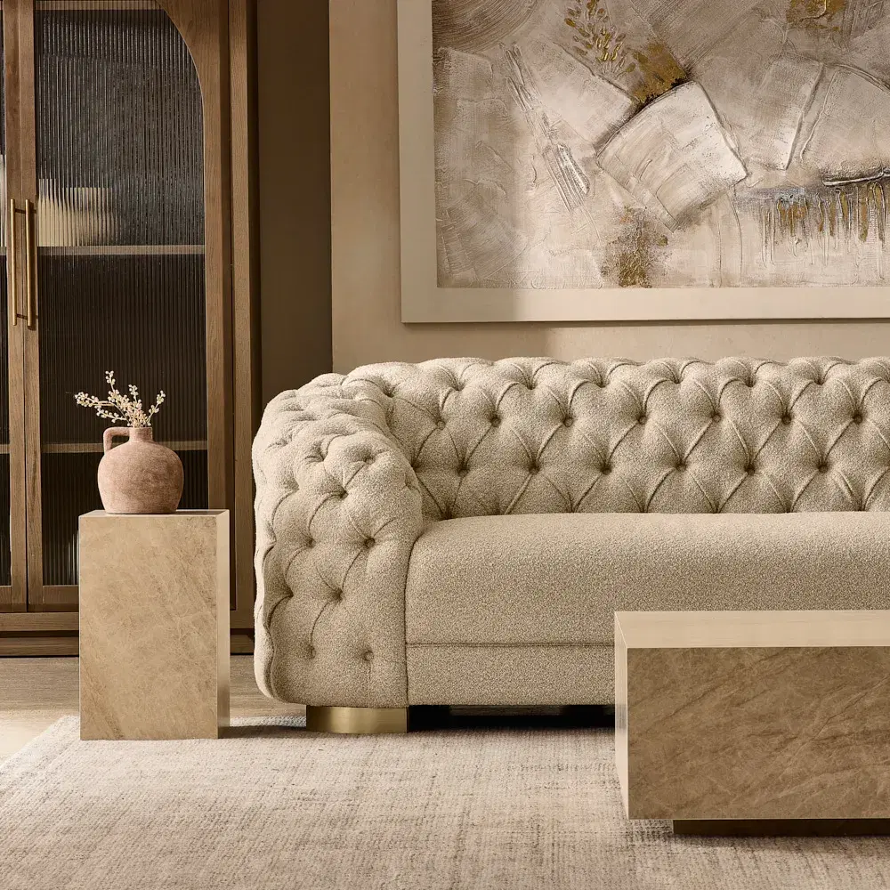Kelly Pearl Beige Fabric 3-Seater Sofa - Champagne Gold Legs